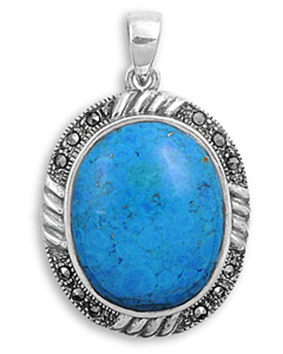 Sterling Silver Traditional Oval Rope Halo Pendant Simulated Turquoise Charm