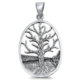 Detailed Tree of Life Pendant .925 Sterling Silver Wood Grain Nature Oval Charm