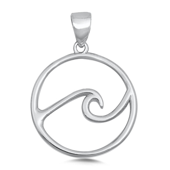 Sterling Silver Modern Ocean Wave Pendant Beach Outline Open Circle Charm 925