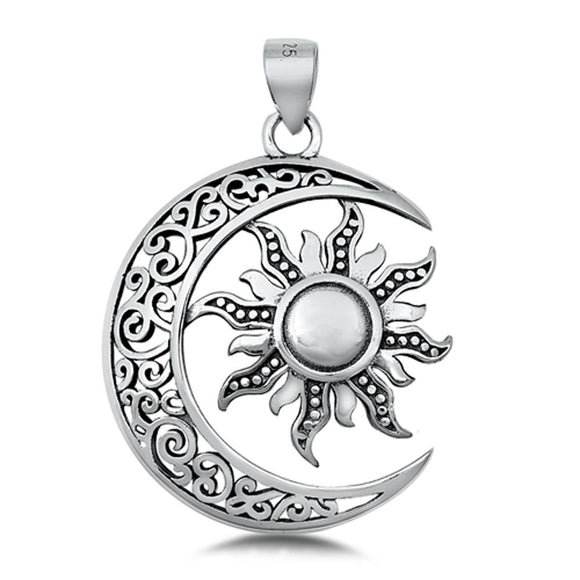 Sterling Silver Ornate Filigree Swirl Moon Pendant Sun Mystic Space Charm 925