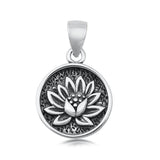 Sterling Silver Blooming Lotus Pendant Flower Oxidized Detail Circle Charm 925