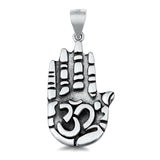 Sterling Silver Om Hand Pendant Hamsa Detailed Palm Fingers Bali Style Charm 925