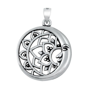 Sterling Silver Fashion Bali Crescent Moon Pendant Oxidized Lotus Sun Charm 925