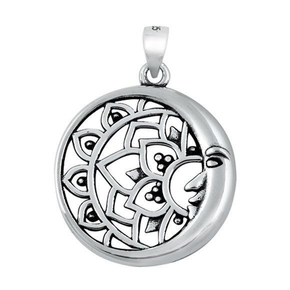 Sterling Silver Fashion Bali Crescent Moon Pendant Oxidized Lotus Sun Charm 925