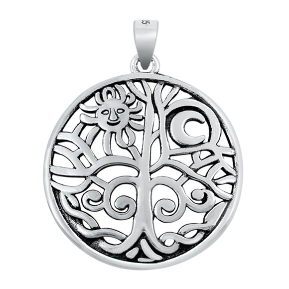 Sterling Silver Ornate Tree of Life Pendant Sun Crescent Moon Rope Twist Charm