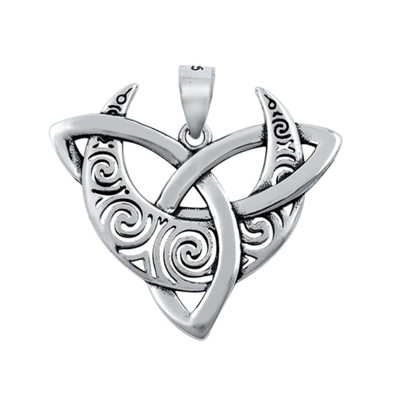 Sterling Silver Unique Triquetra Knot Pendant Triskelion Crescent Moon Charm 925