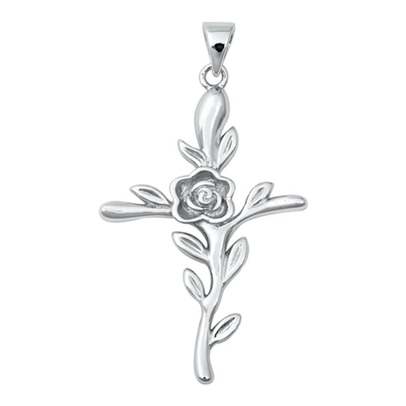 Sterling Silver Rose Vine Cross Pendant Leaf Branch Elegant Flower Charm 925 New