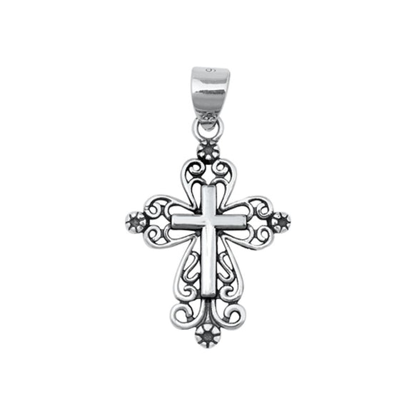 Sterling Silver Ornate Cross Pendant Filigree Swirl Spiral Curl Elegant Charm