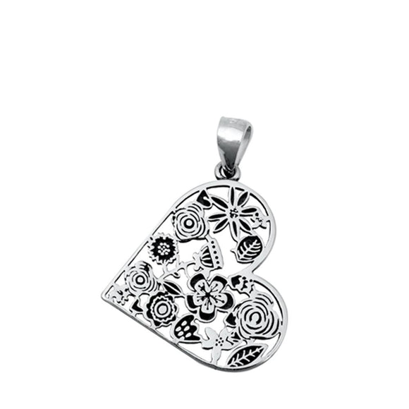 Sterling Silver Wholesale Heart & Flowers Pendant Oxidized Wildflower Charm 925