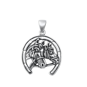 Sterling Silver Beautiful Horses & Horseshoe Pendant Lucky Cowgirl Charm 925 New