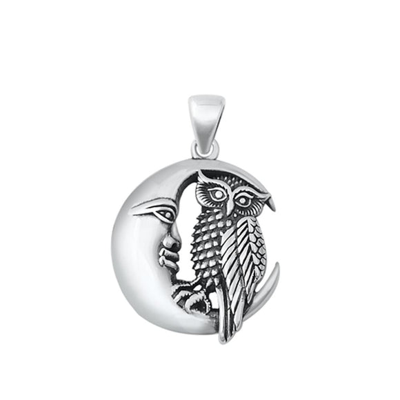 Sterling Silver Fashion Owl & Moon Pendant Cute Fantasy Mystical Charm 925 New