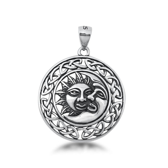 Sterling Silver Cute Celtic Sun & Moon Medallion Pendant Astrological Charm 925