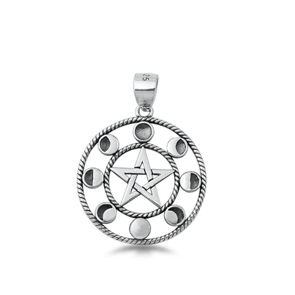 Sterling Silver Beautiful Pentagram Moon Phases Pendant Medallion Charm 925 New