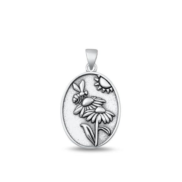 Sterling Silver Fashion Bee & Flower Pendant Oxidized Polished Charm 925 New