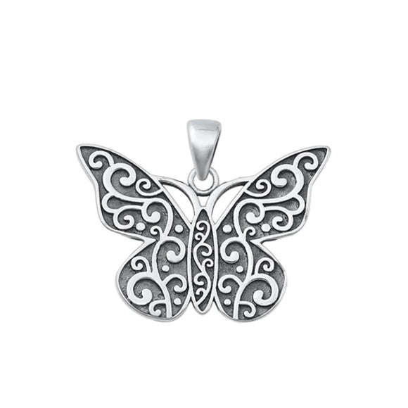 Sterling Silver Cute Oxidized Butterfly Pendant High Polished Charm .925 New