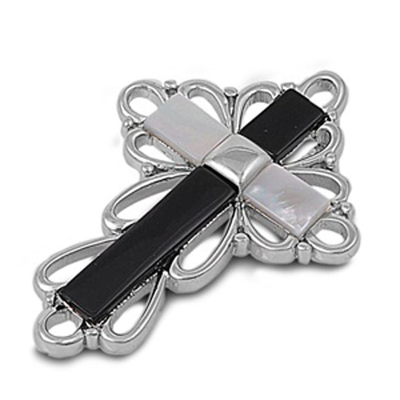 Filigree Contrast Cross Pendant Black Simulated Onyx .925 Sterling Silver Charm