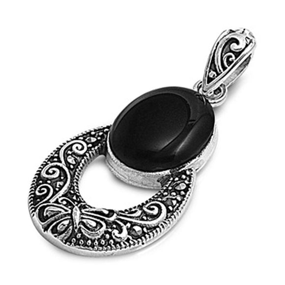 Butterfly Boho Oval Hoop Pendant Black Simulated Onyx .925 Sterling Silver Charm