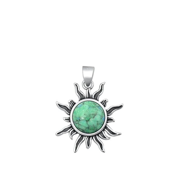 Beautiful Oxidized Flaming Sun Turquoise Sterling Silver Celestial Pendant 925