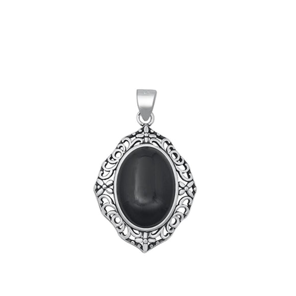 Sterling Silver Polished Black Agate Pendant Vintage Fashion Ornate Charm