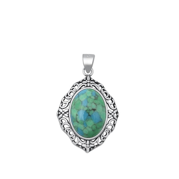 Sterling Silver Polished Turquoise Pendant Vintage Victorian Fashion Charm 925