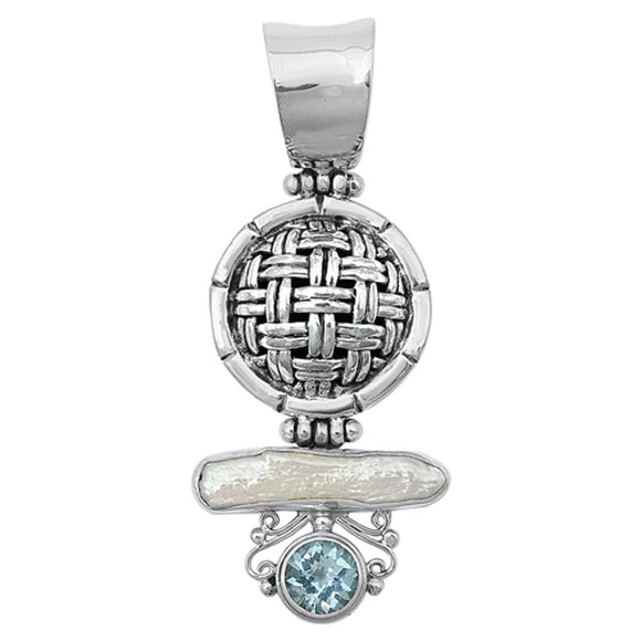 Sterling Silver Cute Freshwater Pearl Blue Sapphire CZ Woven Pendant Charm 925