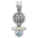 Sterling Silver Cute Freshwater Pearl Blue Sapphire CZ Woven Pendant Charm 925