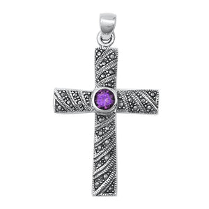 Sterling Silver Wholesale Lavender CZ Cross Pendant Marcasite Charm 925 New