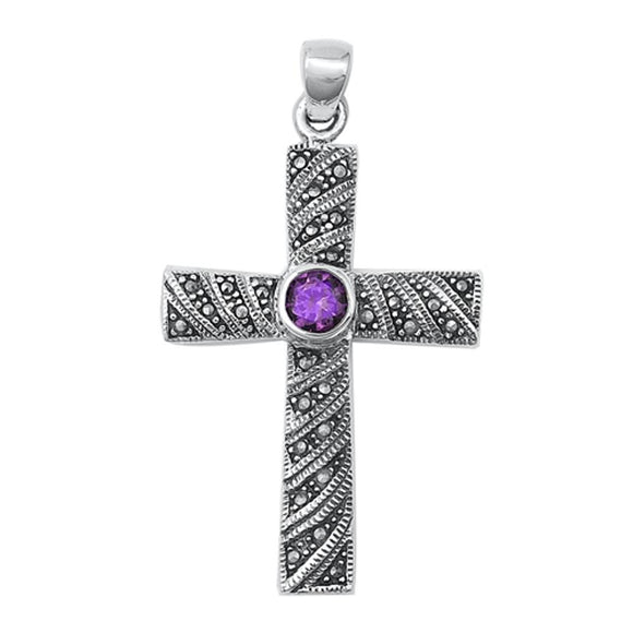 Sterling Silver Wholesale Lavender CZ Cross Pendant Marcasite Charm 925 New