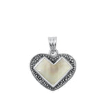 Sterling Silver Fashion Mother of Pearl Heart Pendant Oxidized Marcasite Charm
