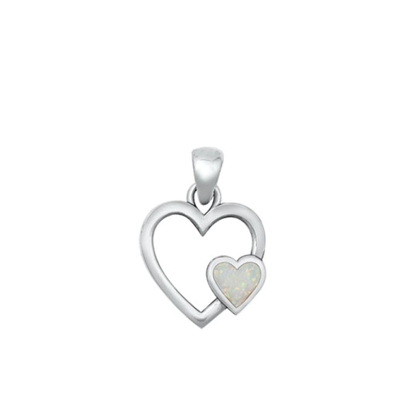 Sterling Silver Classic White Synthetic Opal Double Heart Pendant Charm 925 New
