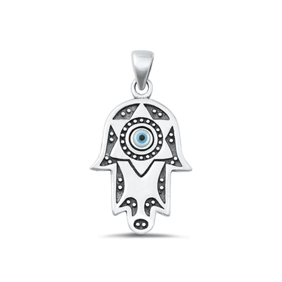 Sterling Silver Classic Hamsa & Evil Eye Pendant High Polished Charm 925 New