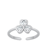 Sterling Silver Polished Clear CZ Shamrock Heart Ring Toe Midi Adjustable Band