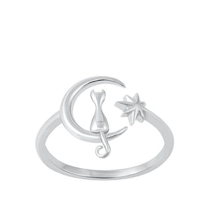 Sterling Silver Fashion Cat Moon Star Ring Cute Adjustable Midi Band 925 New