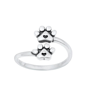 Sterling Silver Oxidized Paw Print Heart Adjustable Band Toe Midi Ring 925 New