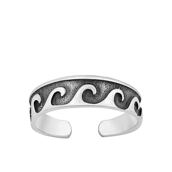 Sterling Silver Cute Oxidized Toe Wave Ring Adjustable Midi Beach Sand Band 925