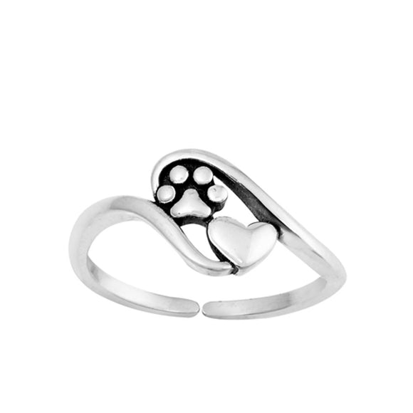 Sterling Silver Love Paw Print & Heart Toe Midi Ring Adjustable Band 925 New
