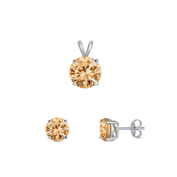 Solitaire Round Earrings Champagne Simulated CZ .925 Sterling Silver Pendant Set