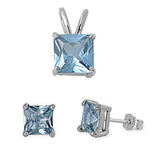 Solitaire Square Princess Cut Earrings Simulated Aquamarine .925 Sterling Silver Pendant Set