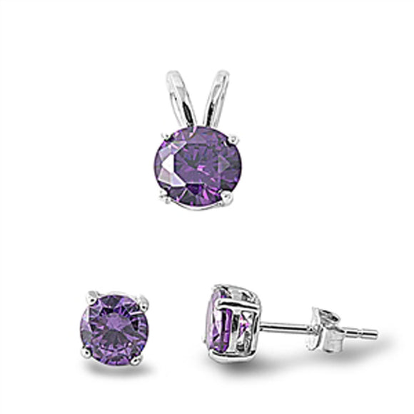 Solitaire Round Earrings Simulated Amethyst .925 Sterling Silver Pendant Set