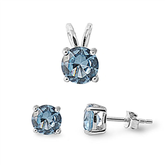 Solitaire Round Earrings Simulated Aquamarine .925 Sterling Silver Pendant Set