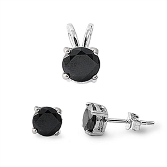 Solitaire Round Earrings Black Simulated CZ .925 Sterling Silver Pendant Set