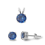 Solitaire Round Earrings Blue Simulated Sapphire .925 Sterling Silver Pendant Set