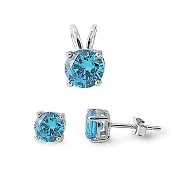 Solitaire Round Earrings Blue Simulated Topaz .925 Sterling Silver Pendant Set