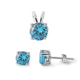 Solitaire Round Earrings Blue Simulated Topaz .925 Sterling Silver Pendant Set