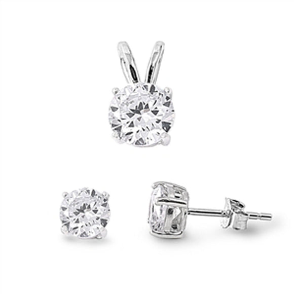 Solitaire Round Earrings Clear Simulated CZ .925 Sterling Silver Pendant Set