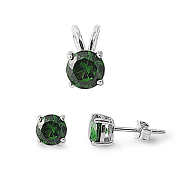 Solitaire Round Earrings Simulated Emerald .925 Sterling Silver Pendant Set