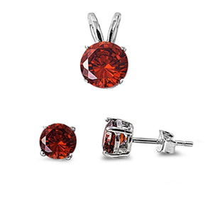 Solitaire Round Earrings Simulated Garnet .925 Sterling Silver Pendant Set