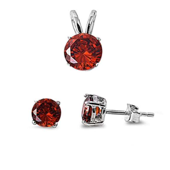 Solitaire Round Earrings Simulated Garnet .925 Sterling Silver Pendant Set