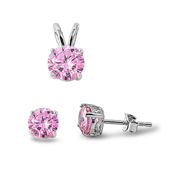 Solitaire Round Earrings Pink Simulated CZ .925 Sterling Silver Pendant Set