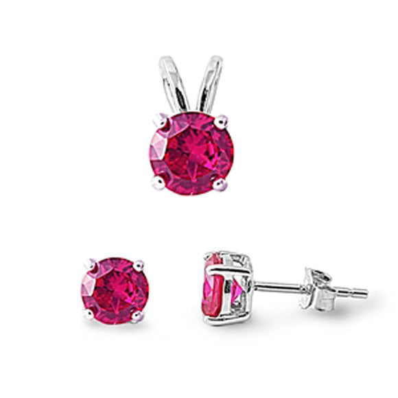 Solitaire Round Earrings Simulated Ruby .925 Sterling Silver Pendant Set